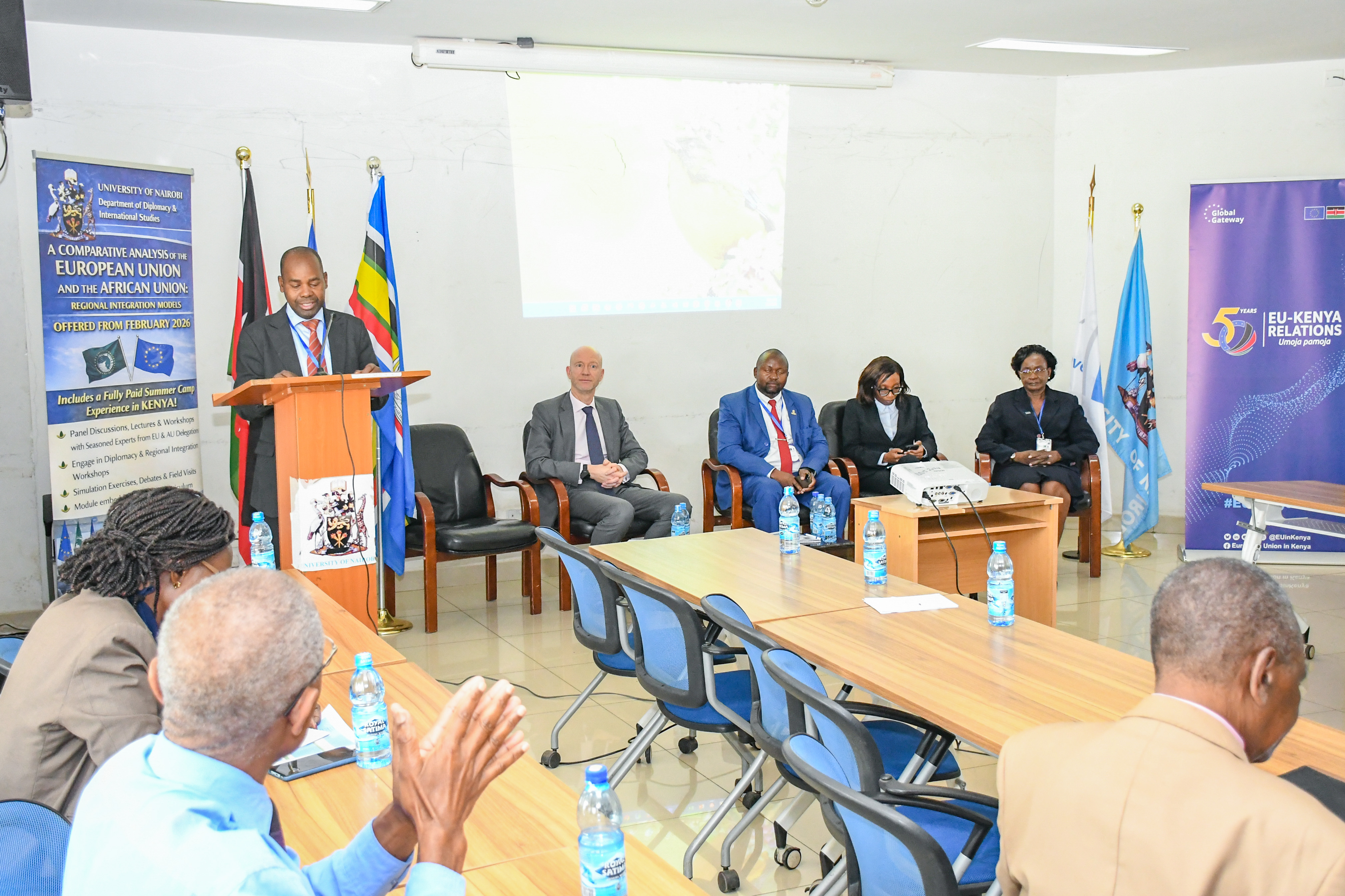 Prof Patrick Maluki, Chair DDIS; Mr Edward Claessen, Head of European Investment Bank (IEB), Eastern and Central Africa based in Nairobi; Peter Mbuva,Harriet Ongaki, Communications Officer, IEB; Lynette Odondi, FIHRM, Co-ordinator, EU AU Erasmus Module/Lecturer, DDIS.